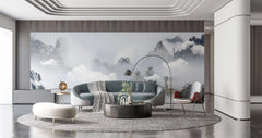 Tapet personalizat forest cu munti inzapeziti aflati in ceata foggy mountains