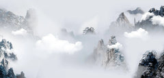 Tapet personalizat forest cu munti inzapeziti aflati in ceata foggy mountains