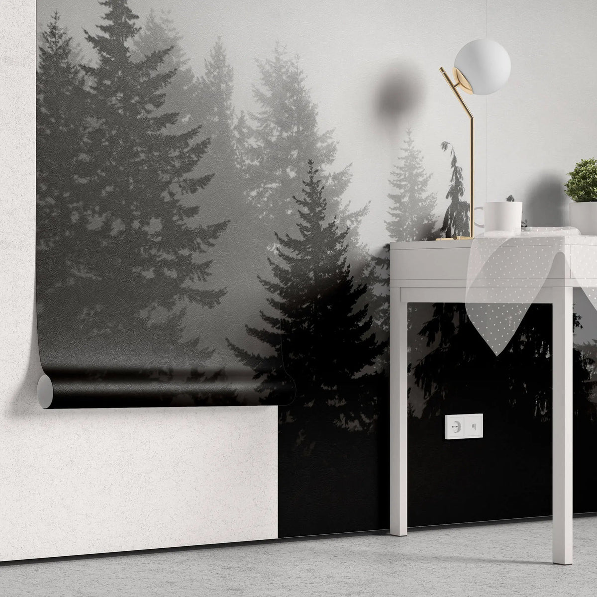 Tapet personalizat forest alb negru cu padure de brazi in ceata spooky forest
