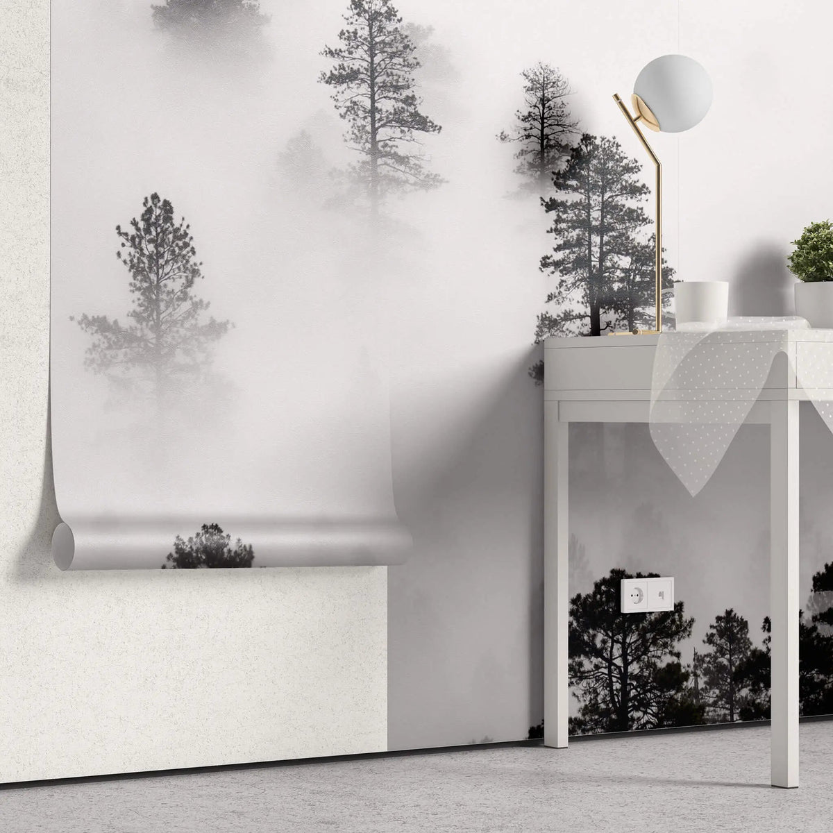 Tapet personalizat forest cu ceata densa alba white fog