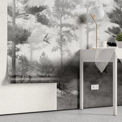 Tapet personalizat forest cu padure in ceata si randunici spooky swallow