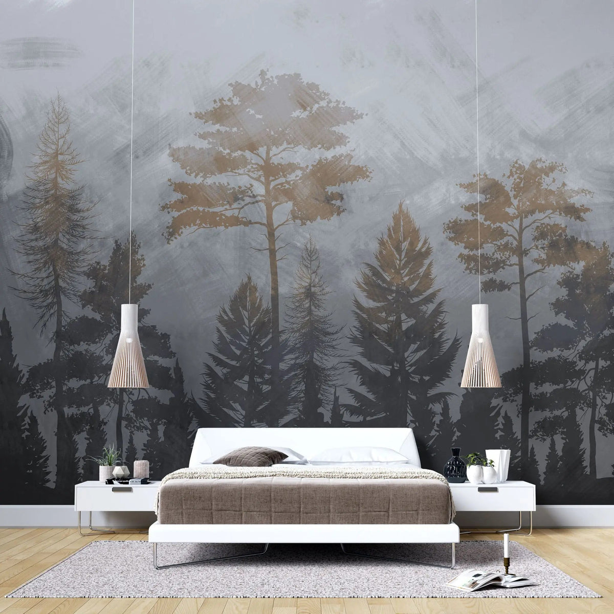 Tapet personalizat forest cu padure si copaci cu frunze de alama brass trees