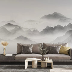 Tapet personalizat forest cu munti si ceata foggy peaks