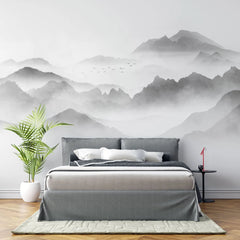 Tapet personalizat forest cu munti si ceata foggy peaks