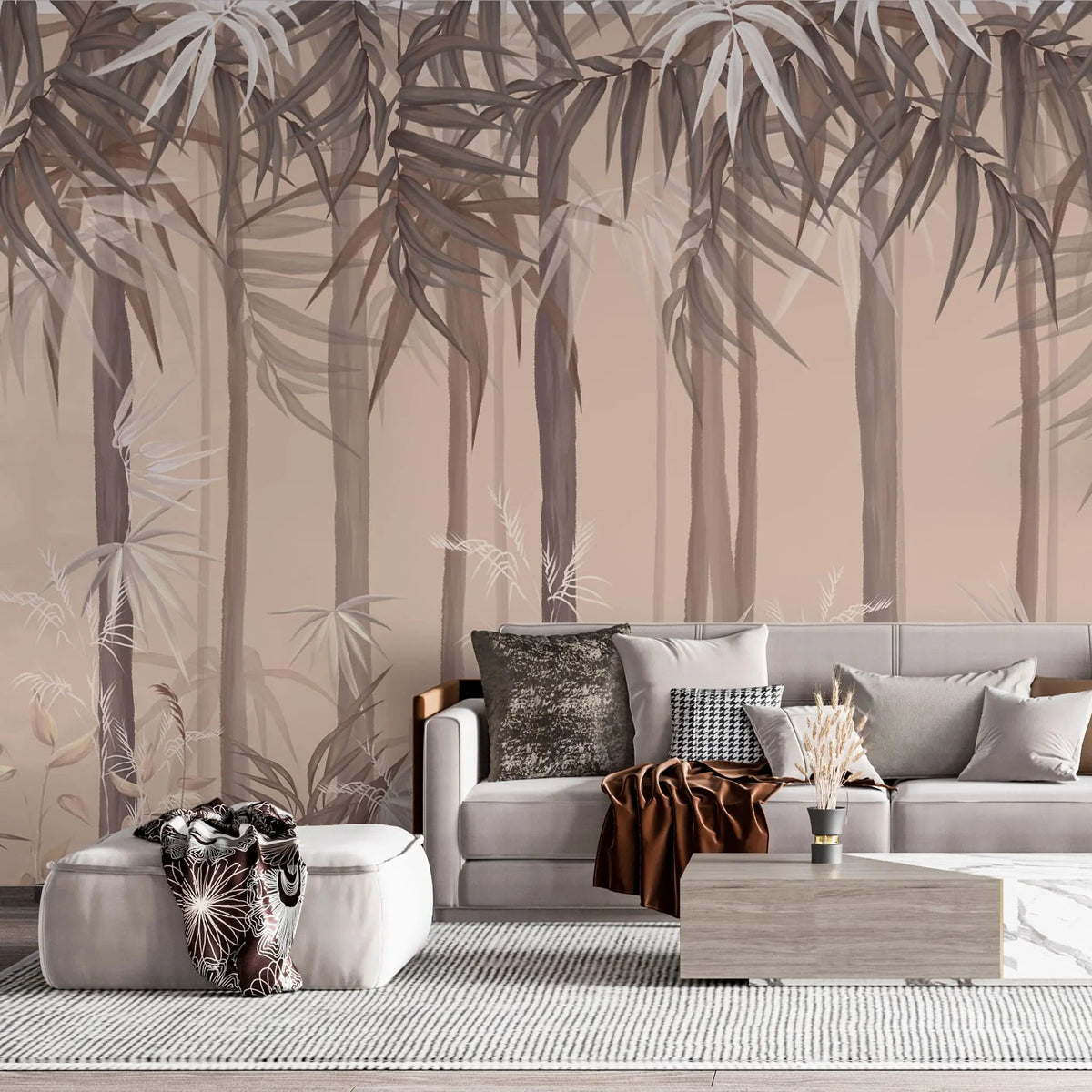 Tapet personalizat forest cu padure de bambus pe fundal roz bamboo forest