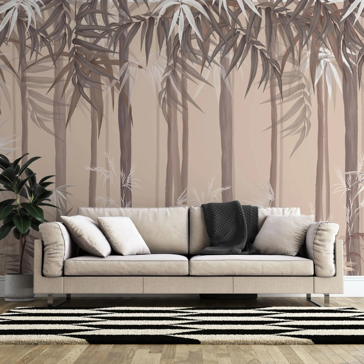 Tapet personalizat forest cu padure de bambus pe fundal roz bamboo forest