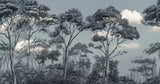 Tapet personalizat forest cu padure de safari si nori in nuante de albastru bleu blue safari