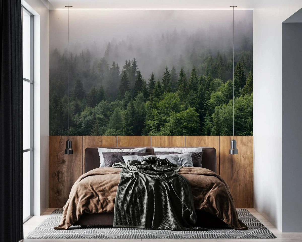 Fotoapet personalizat forest cu padure verde de brazi si pini in ceata foggy pines