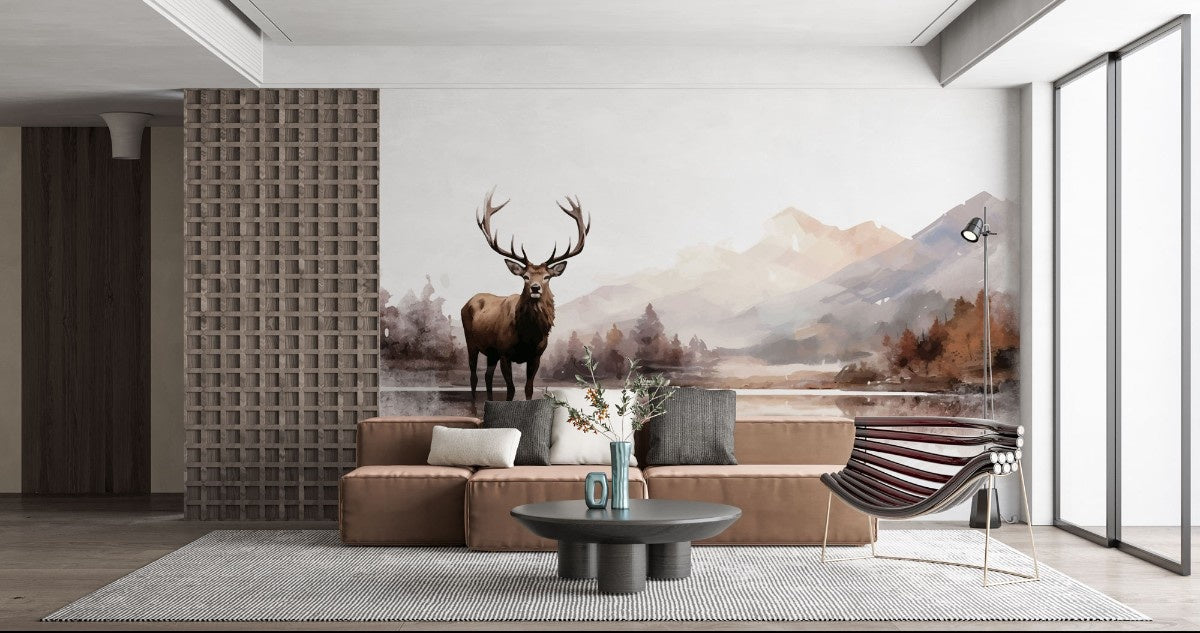 Tapet personalizat forest cu o ilustratie majestuoasa a unui elan intr un peisaj montan impadurit creand o atmosfera salbatica si impresionanta mountain moose