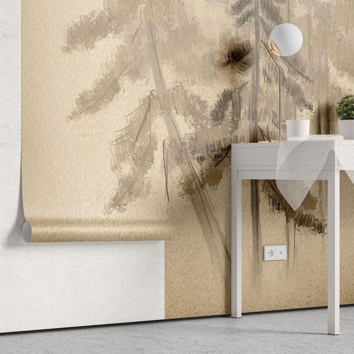 Tapet personalizat forest cu un design simplificat cu brazi stilizati inspirand un aspect curat si contemporan stamp pine trees