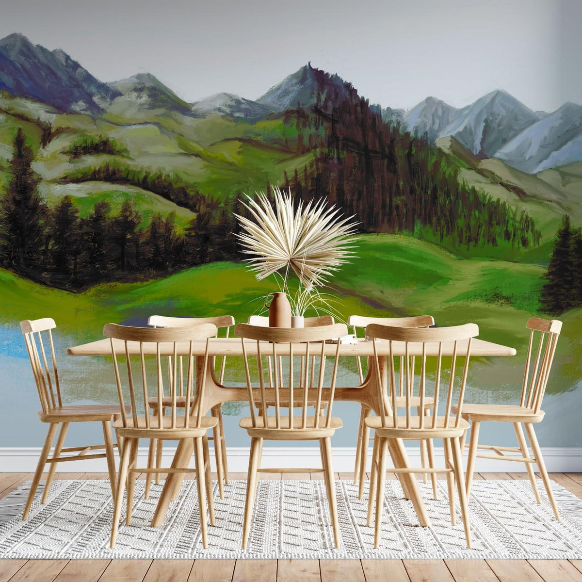 Tapet personalizat forest cu un peisaj montan si impadurit cu forme abstracte evocand linistea si grandoarea naturii highland