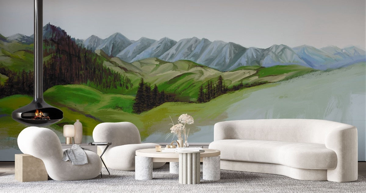 Tapet personalizat forest cu un peisaj montan si impadurit cu forme abstracte evocand linistea si grandoarea naturii highland