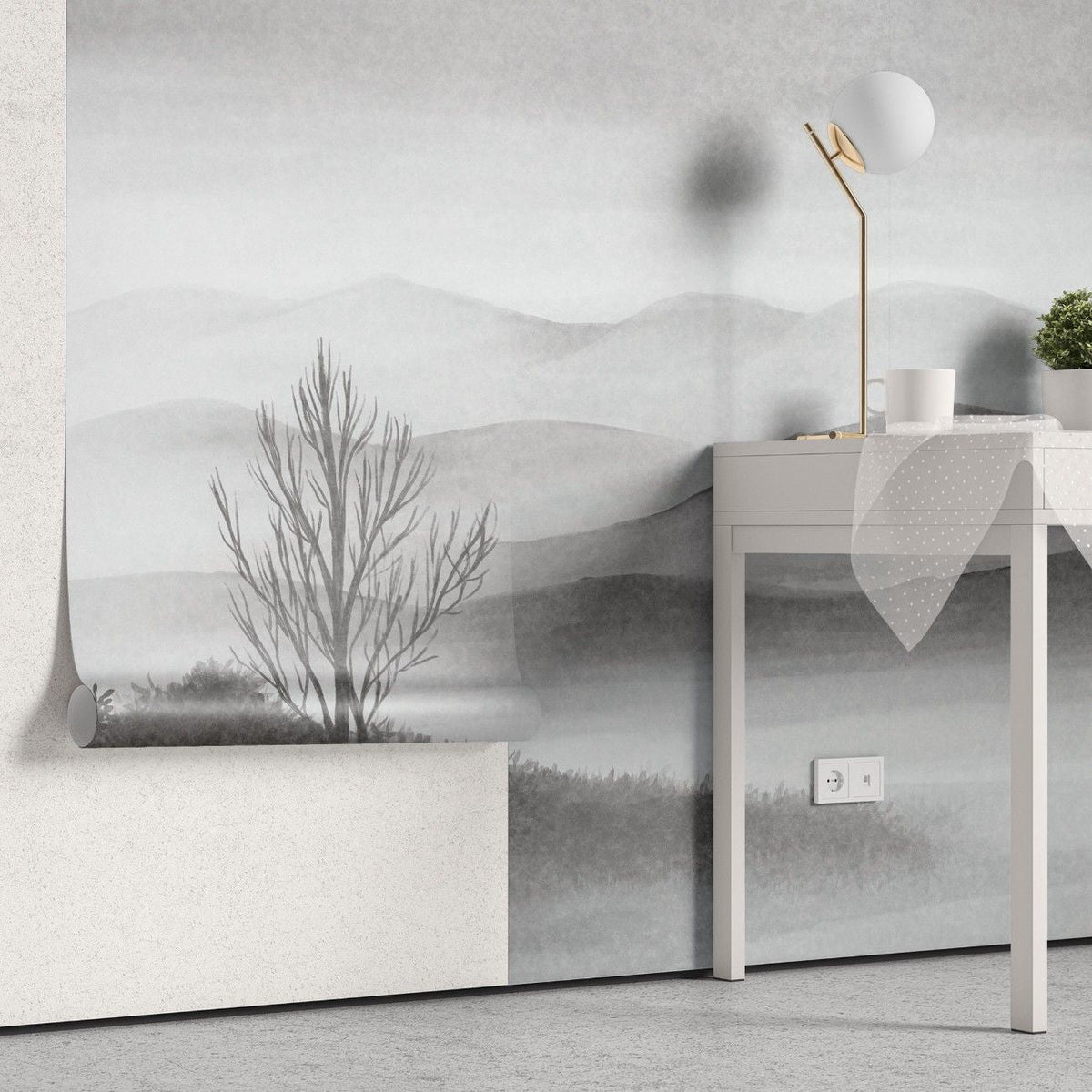 Tapet personalizat forest cu o reprezentare artistica a unei paduri cu forme geometrice si elemente rustice aducand un stil traditional bacovian