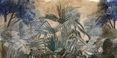 Tapet personalizat forest cu o interpretare artistica a unei paduri cu accente abstracte si culori ce sugereaza profunzimea si misterul art forest