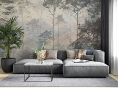 Fototapet personalizat forest cu o ilustratie de safari in tonuri reci cu siluete de copaci si vegetatie oferind o atmosfera moderna si distincta cold safari