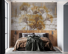 Tapet personalizat forest cu frunze de ginkgo stilizate aranjate intr un model circular creand un design modern si elegant radius ginkgo