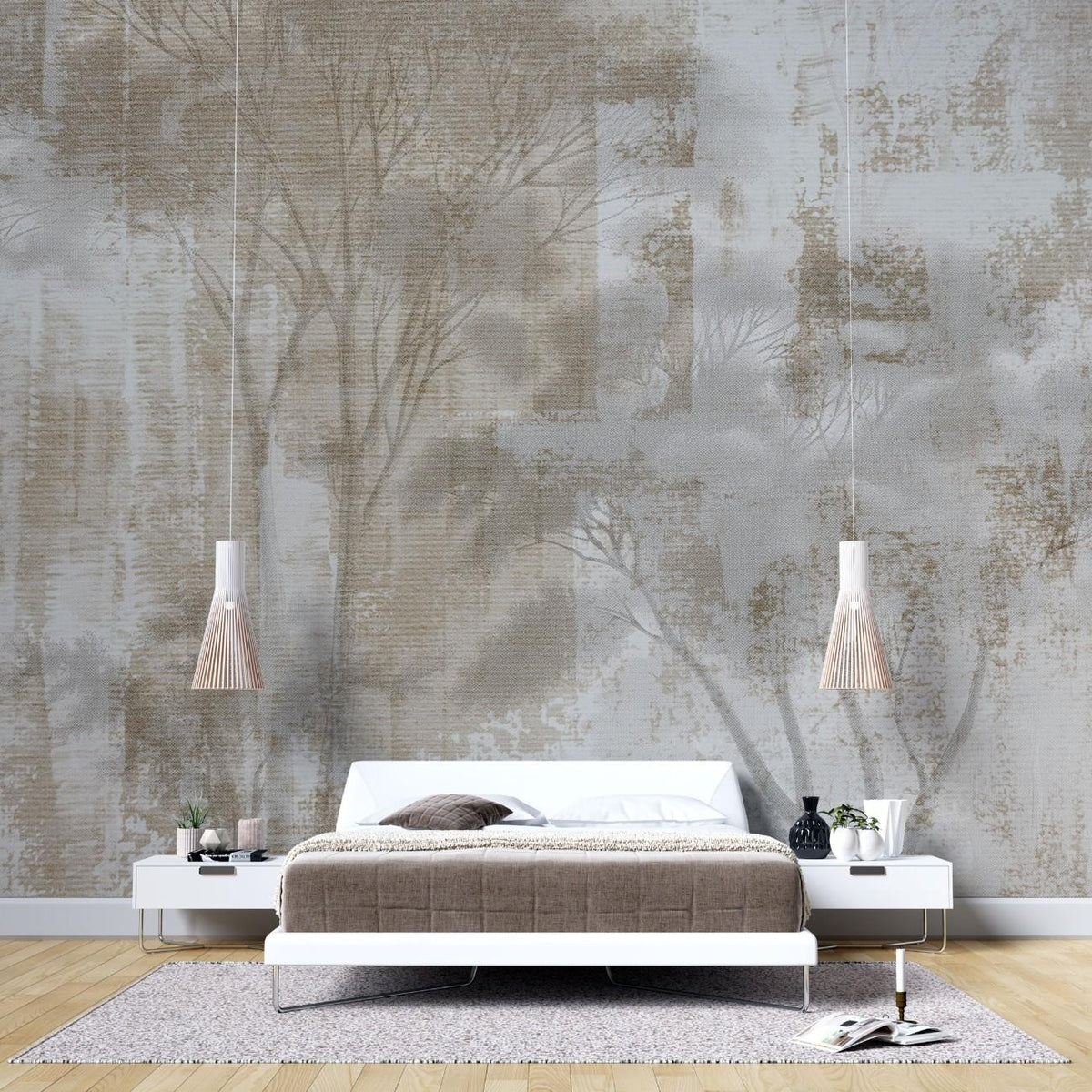 Tapet personalizat forest cu o silueta a copacilor texturata ca o panza oferind un aspect artistic si modern textile paint forest