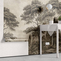 Tapet personalizat forest cu pini si chiparosi ilustrati intr un stil clasic si atemporal aducand eleganta si profunzime spatiului victorian forest