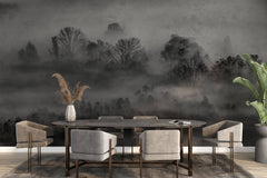Tapet Personalizat Forest cu padure in alb negru si ceata - GRAYSCALE FOREST