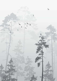 Tapet Personalizat Forest cu peisaj vertical dintr-o padure in ceata - VERTICAL FOG TREES