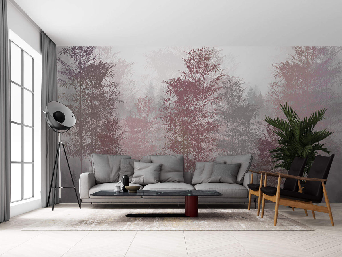 Tapet Personalizat Forest cu copaci in nuante de roz si brazi in ceata - PINK BAMBOO FOREST