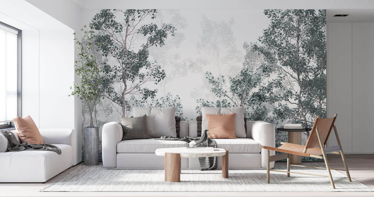 Tapet Personalizat Forest cu padure de foioase cu cer in ceata - FADED GREEN