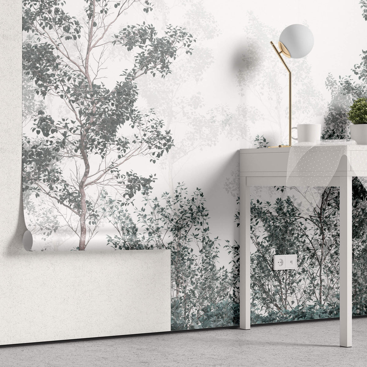 Tapet Personalizat Forest cu padure de foioase cu cer in ceata - FADED GREEN