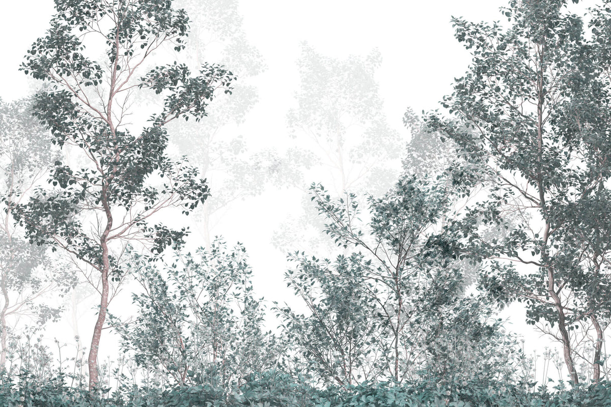 Tapet Personalizat Forest cu padure de foioase cu cer in ceata - FADED GREEN