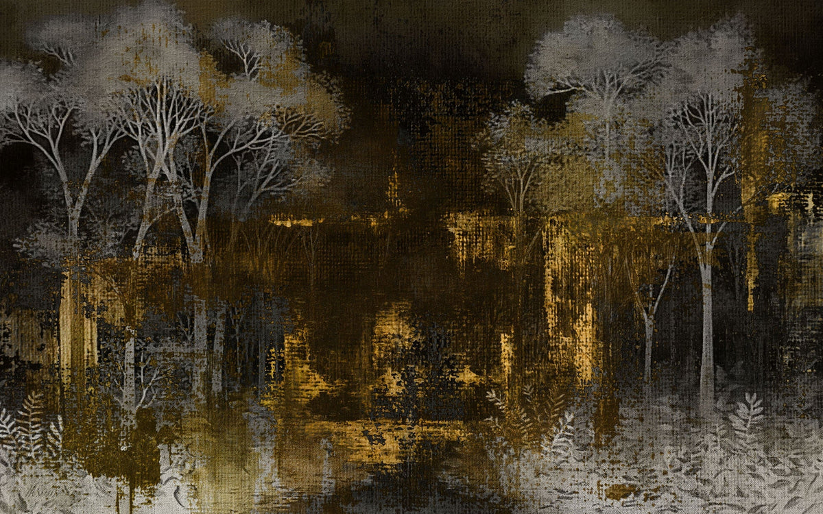 Tapet Personalizat Forest cu padure abstracta in pictura pe canvas - DARK GOLD FOREST