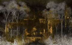 Tapet Personalizat Forest cu padure abstracta in pictura pe canvas - DARK GOLD FOREST