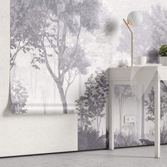 Tapet Personalizat Forest cu padure gri in ceata - GREY-BLUE FOREST