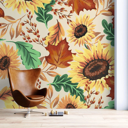 Tapet personalizat floral cu frunze de stejar artar si flori de floarea soarelui in peisaj tomnatic autumn sunflower