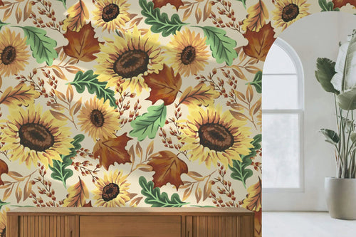 Tapet personalizat floral cu frunze de stejar artar si flori de floarea soarelui in peisaj tomnatic autumn sunflower