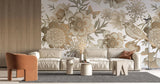 Tapet personalizat floral cu flori in nuante de bronz cupru si pasari pe un fundal alb bronze flowers
