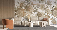 Tapet personalizat floral cu flori in nuante de bronz cupru si pasari pe un fundal alb bronze flowers