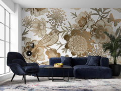 Tapet personalizat floral cu flori in nuante de bronz cupru si pasari pe un fundal alb bronze flowers