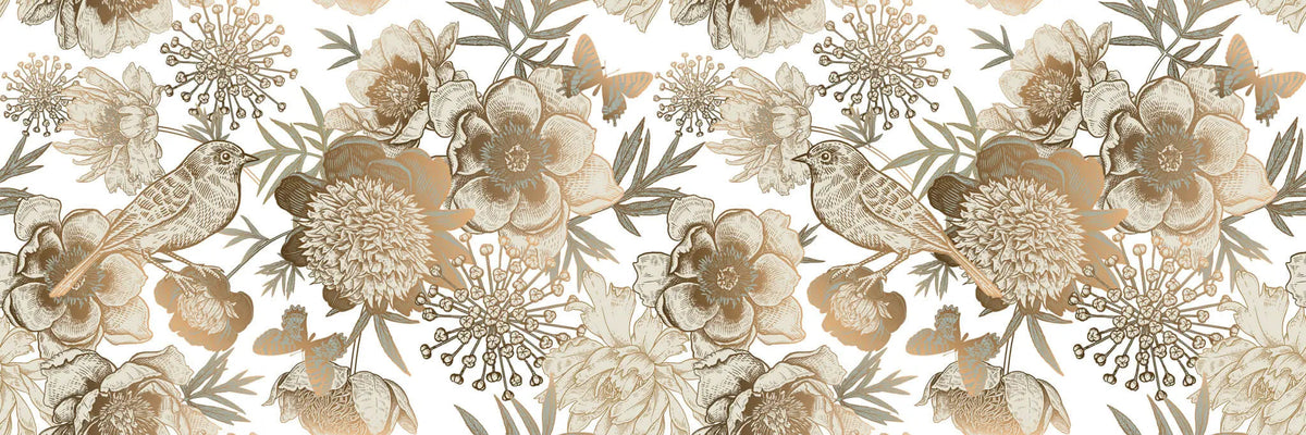 Tapet personalizat floral cu flori in nuante de bronz cupru si pasari pe un fundal alb bronze flowers