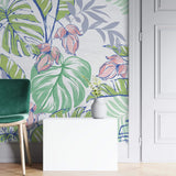 Tapet personalizat floral cu flori roz si frunze de monstera si palmier cu efect de ilustratie in culori vibrante floral paradise