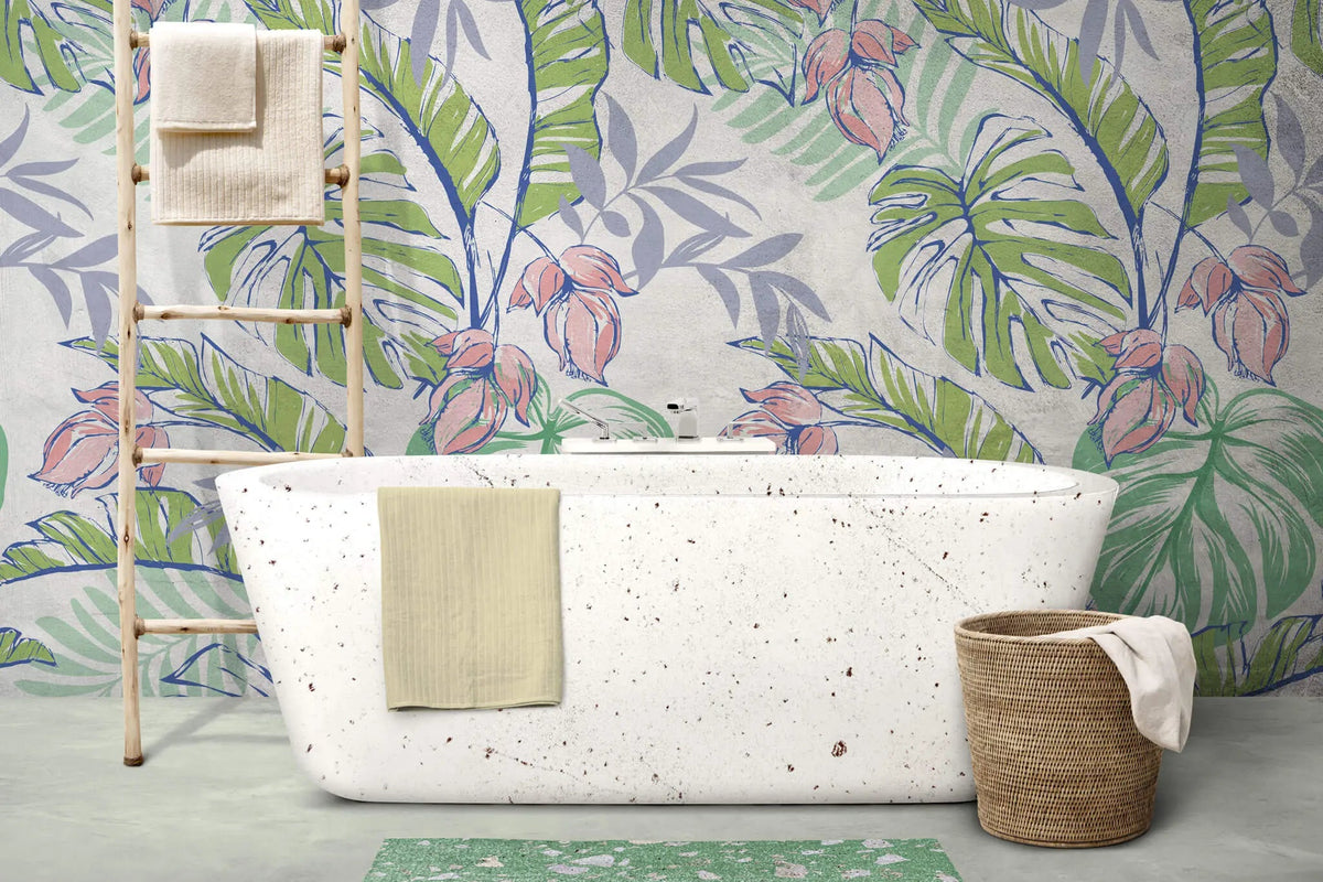 Tapet personalizat floral cu flori roz si frunze de monstera si palmier cu efect de ilustratie in culori vibrante floral paradise