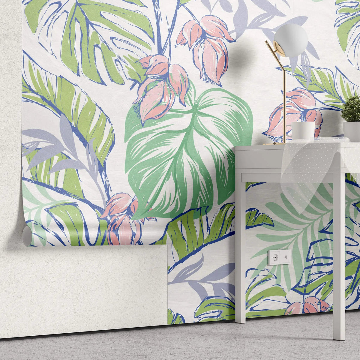 Tapet personalizat floral cu flori roz si frunze de monstera si palmier cu efect de ilustratie in culori vibrante floral paradise