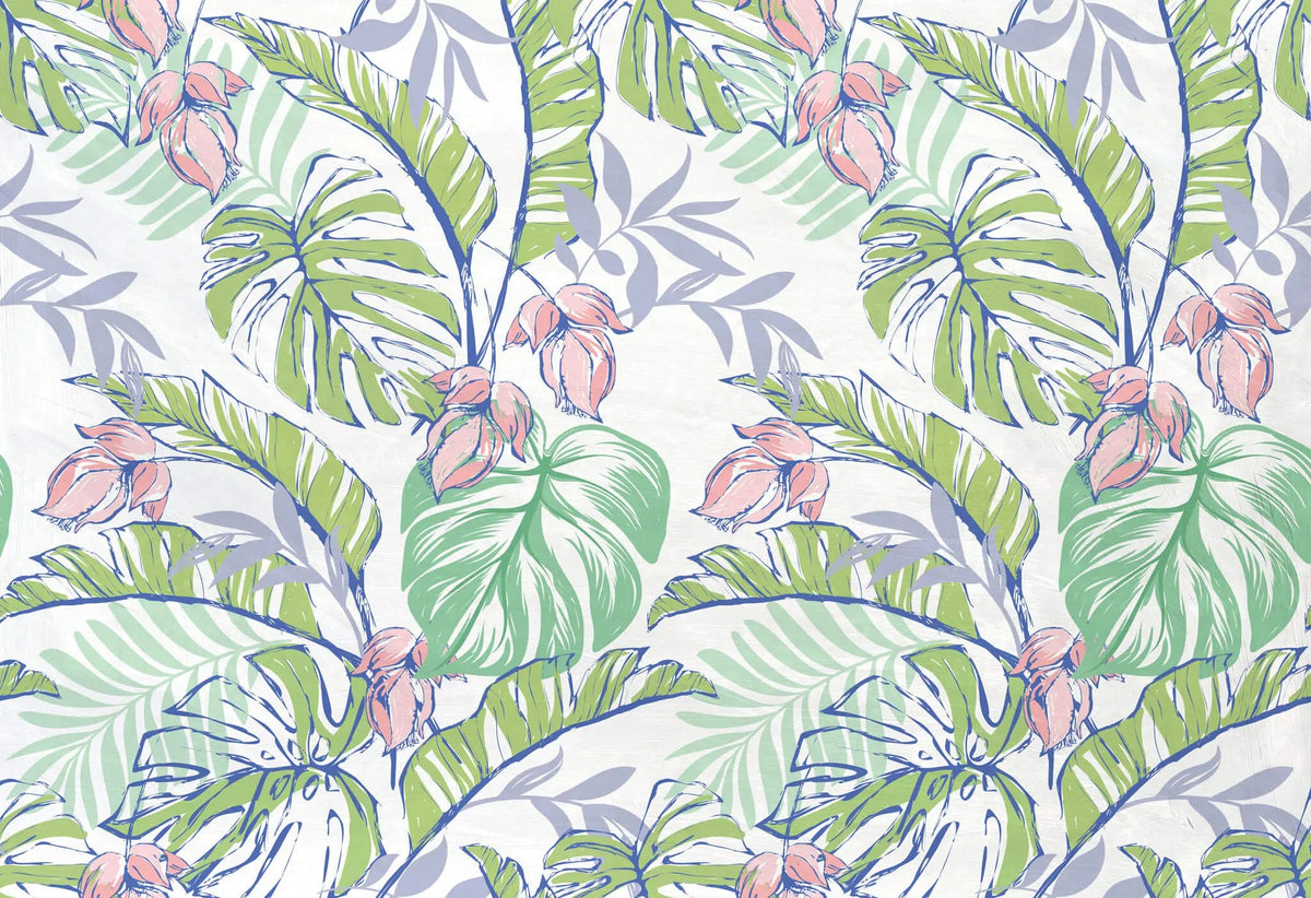 Tapet personalizat floral cu flori roz si frunze de monstera si palmier cu efect de ilustratie in culori vibrante floral paradise