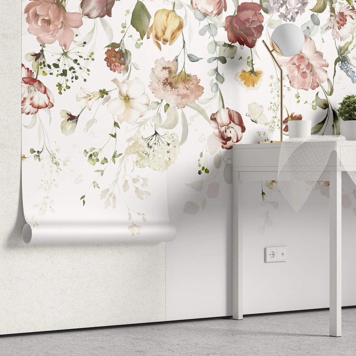 Tapet floral personalizat cu flori pictate in stil watercolor flower's veil