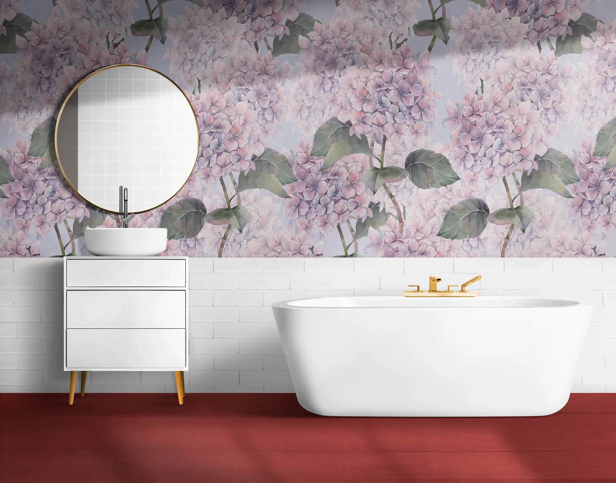 Tapet personalizat floral cu hortensii mov pe un fundal albastru deschis hortensia