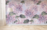 Tapet personalizat floral cu hortensii mov pe un fundal albastru deschis hortensia