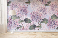 Tapet personalizat floral cu hortensii mov pe un fundal albastru deschis hortensia