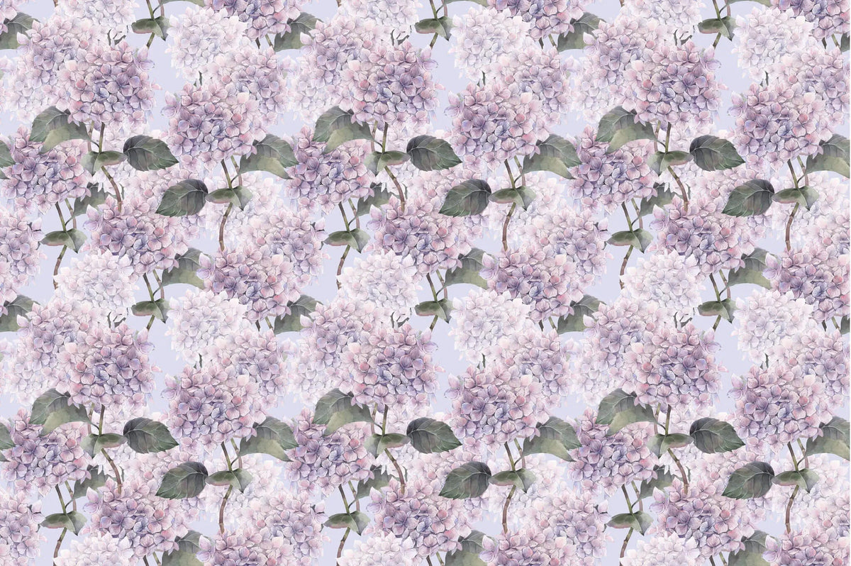 Tapet personalizat floral cu hortensii mov pe un fundal albastru deschis hortensia