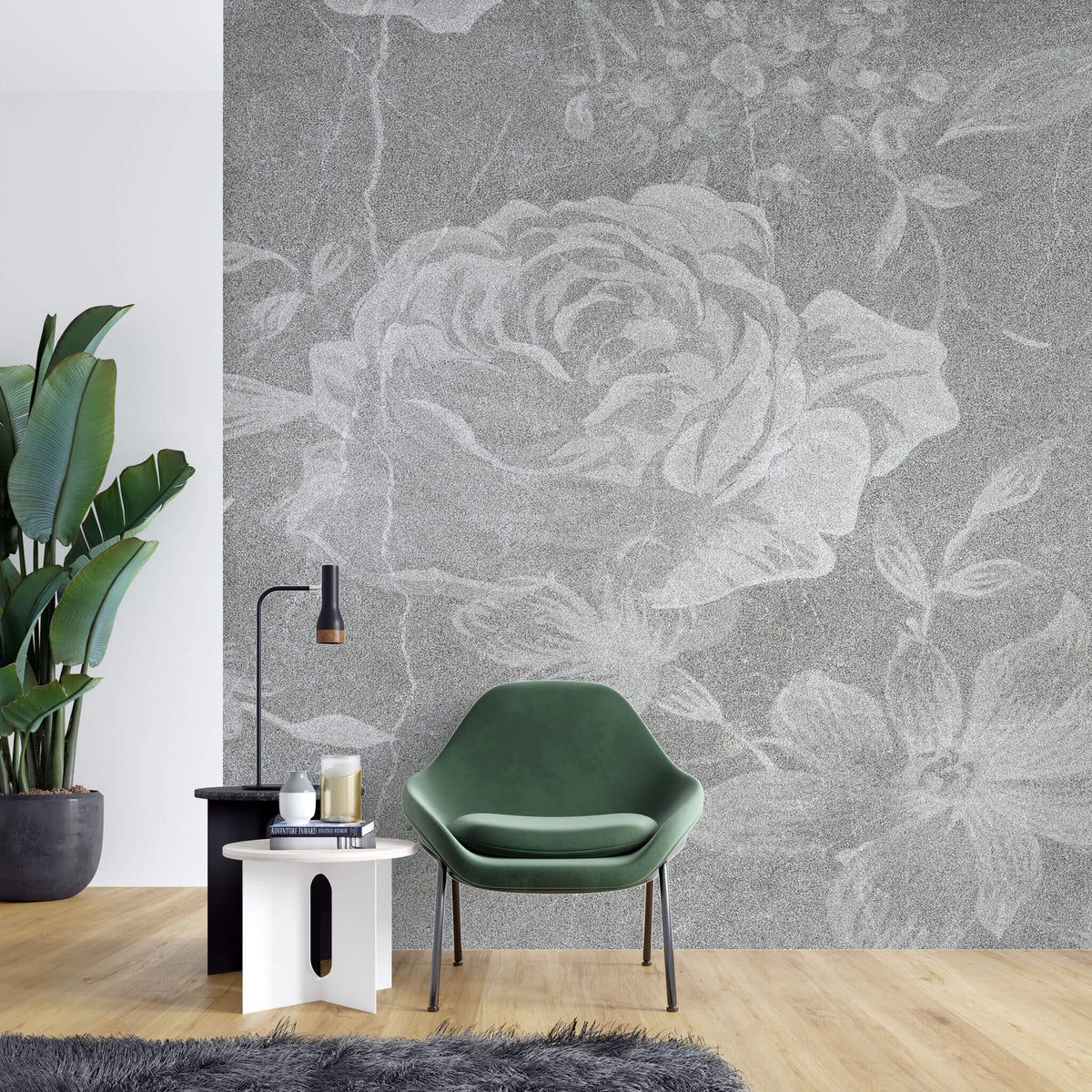 Tapet personalizat floral cu flori de trandafir pe un fundal gri marmua marble rosa