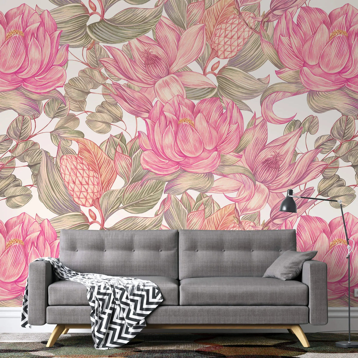 Tapet personalizat floral cu flori de nufar indian roz pe fundal alb nelumbo nucifera