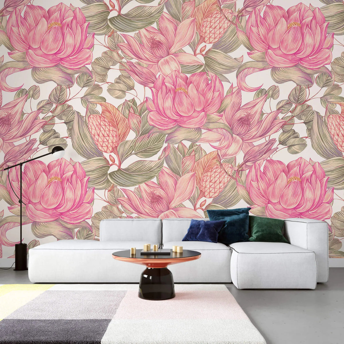 Tapet personalizat floral cu flori de nufar indian roz pe fundal alb nelumbo nucifera