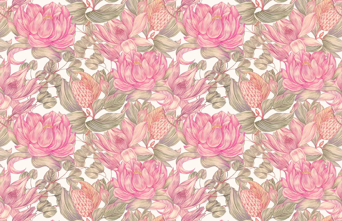 Tapet personalizat floral cu flori de nufar indian roz pe fundal alb nelumbo nucifera